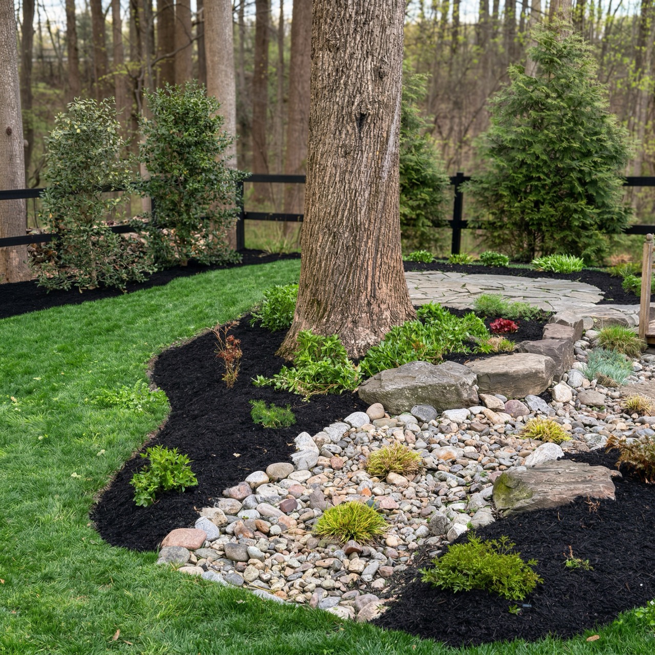 Combined landscape, hardscape, and tree project by Green Life