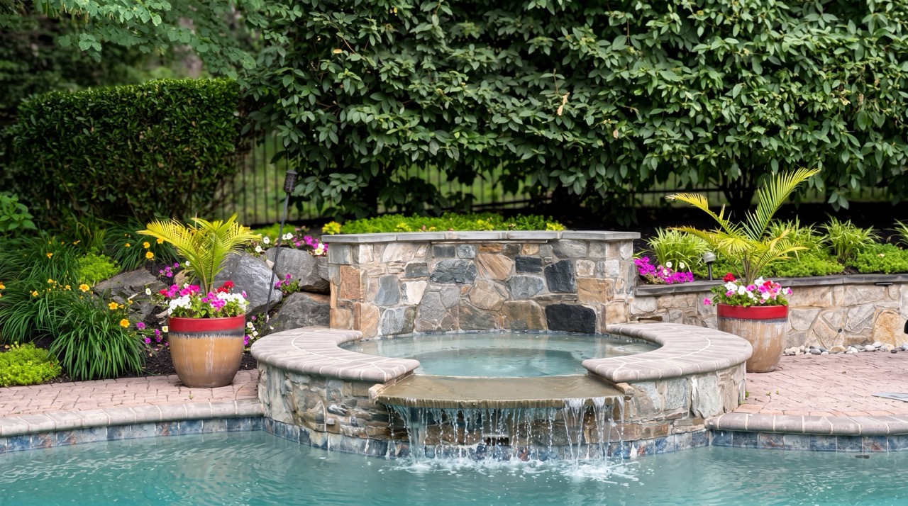 Stone spillover pool feature with planters and mulched beds by Green Life Landscaping