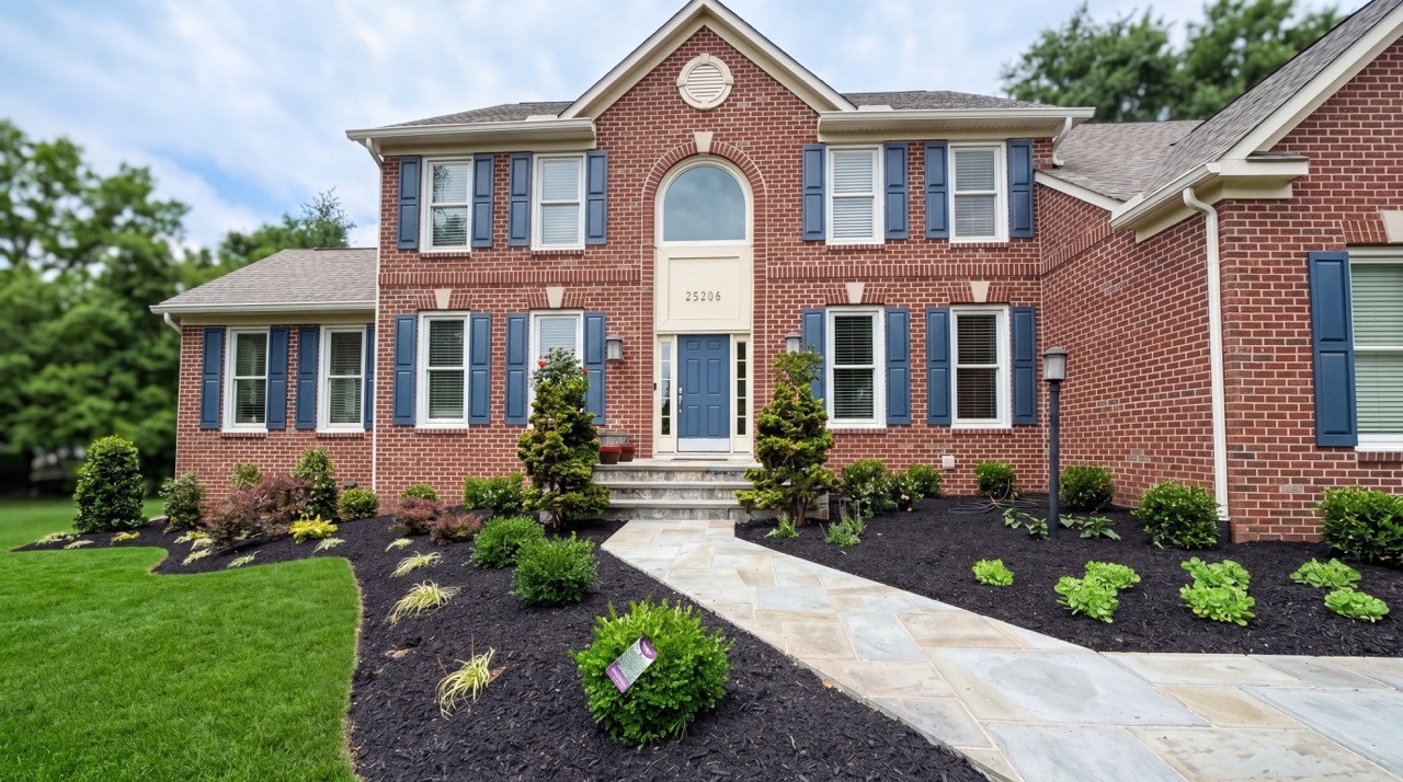 Front yard with stone walkway, mulched beds, and structured plantings by Green Life Landscaping