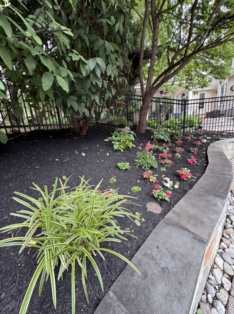 Fresh mulch and new plantings along a stone-edged bed by Green Life Landscaping