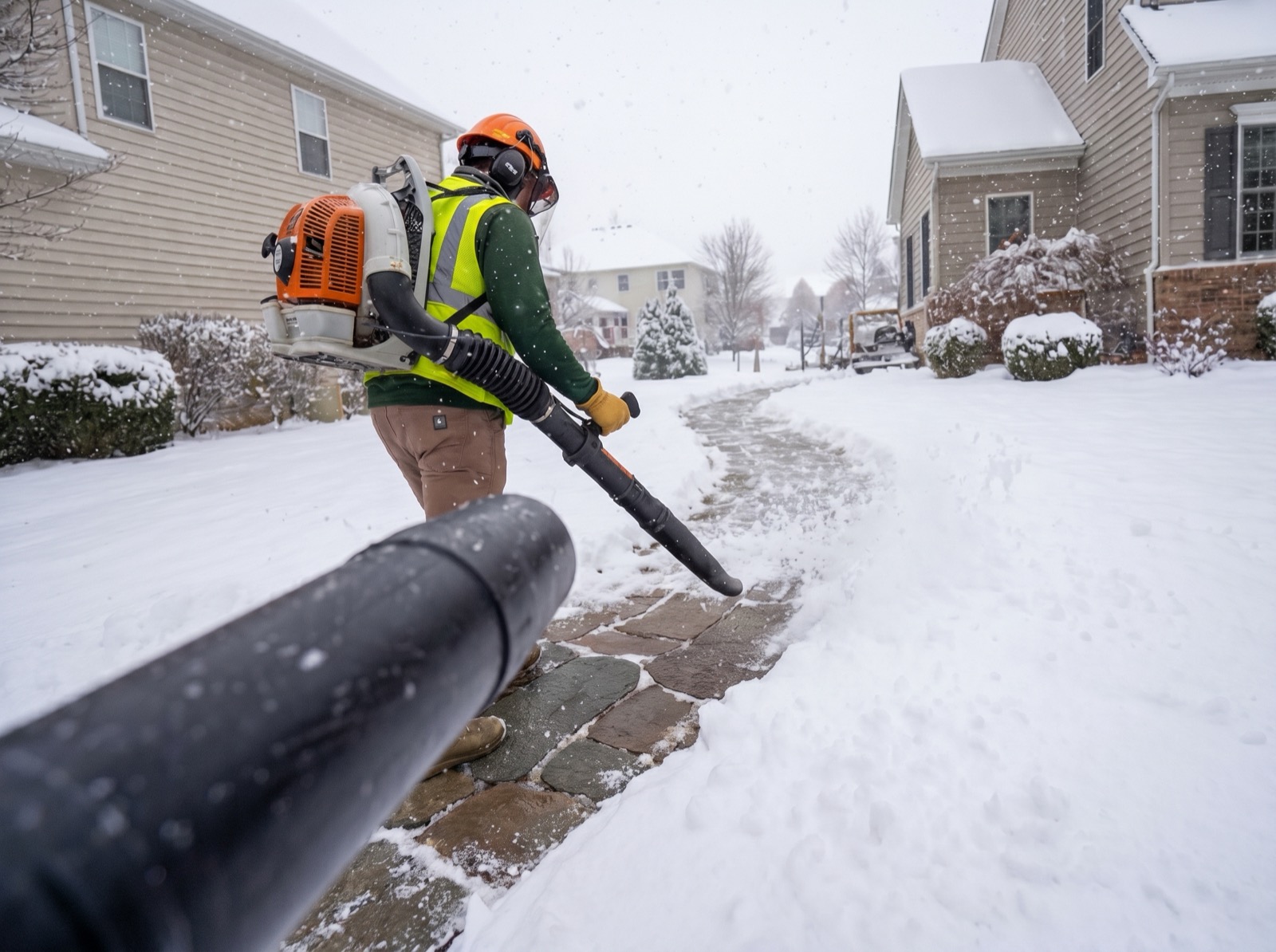 Green Life plow truck clearing a Maryland driveway during a storm event
